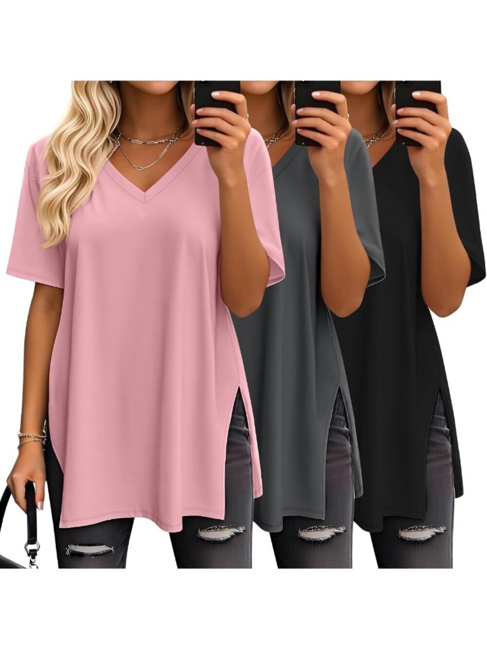 3 Pack Oversized V Neck Shirts for Women - Casual, Comfy & Stylish Tops